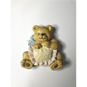 Vintage Teddy Bear Resin Refrigerator Magnet BB Polka Dot Pillow Blue Bow Brown